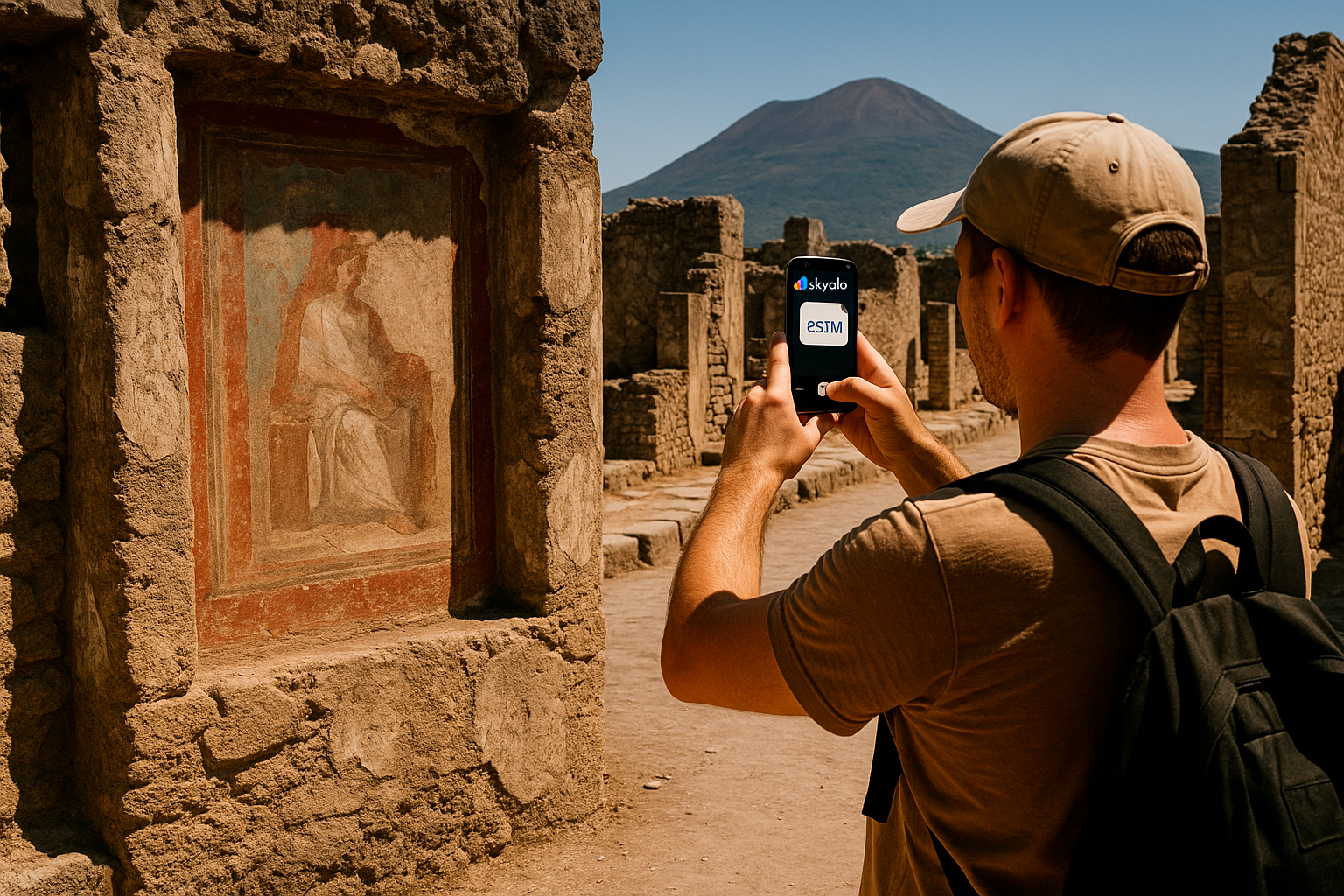 Ancient streets of Pompeii — photos upload instantly via Skyalo eSIM