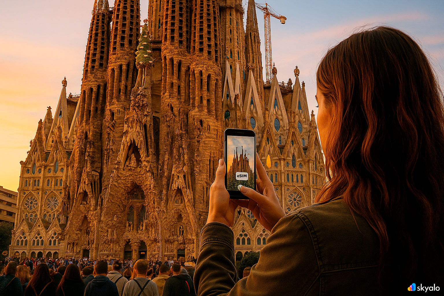 Woman photographing Sagrada Família at sunset, Skyalo eSIM lets her share photos instantly