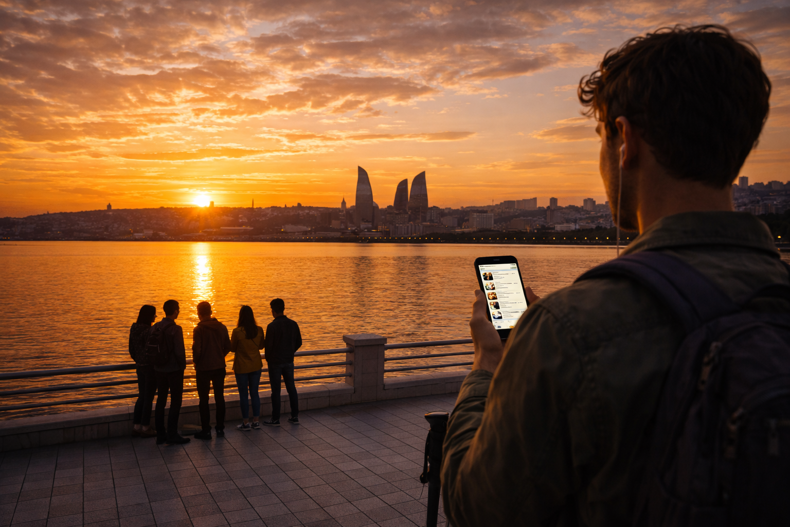 Sunset on the Caspian Sea waterfront in Baku