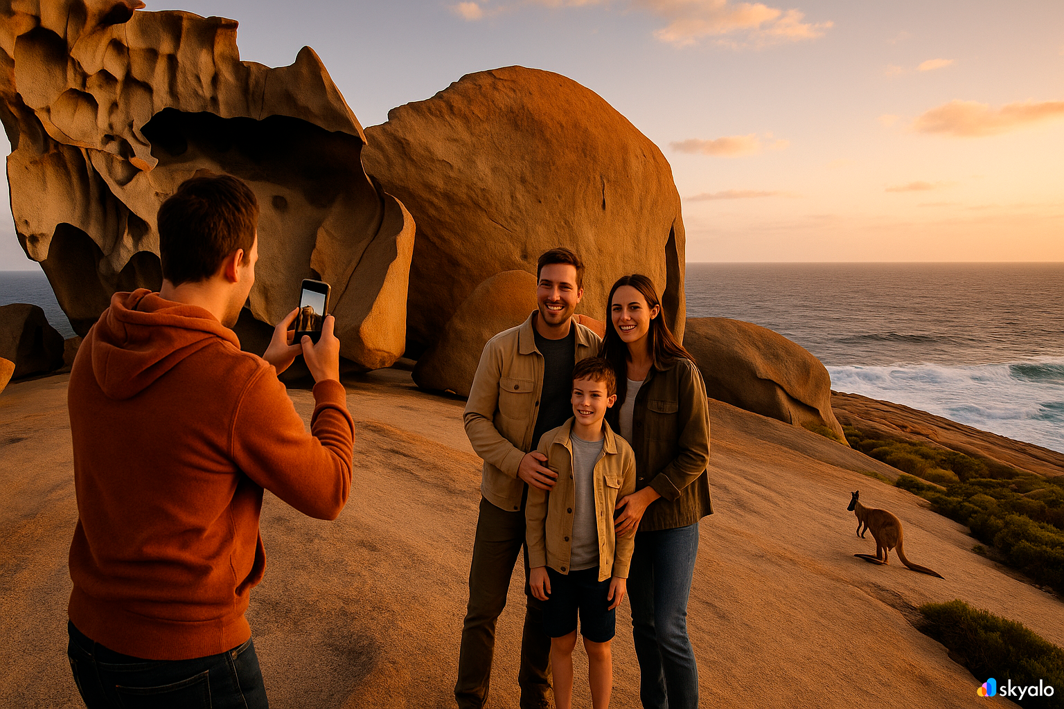 Family at Remarkable Rocks on Kangaroo Island; whimsical rock forms and wild kangaroos