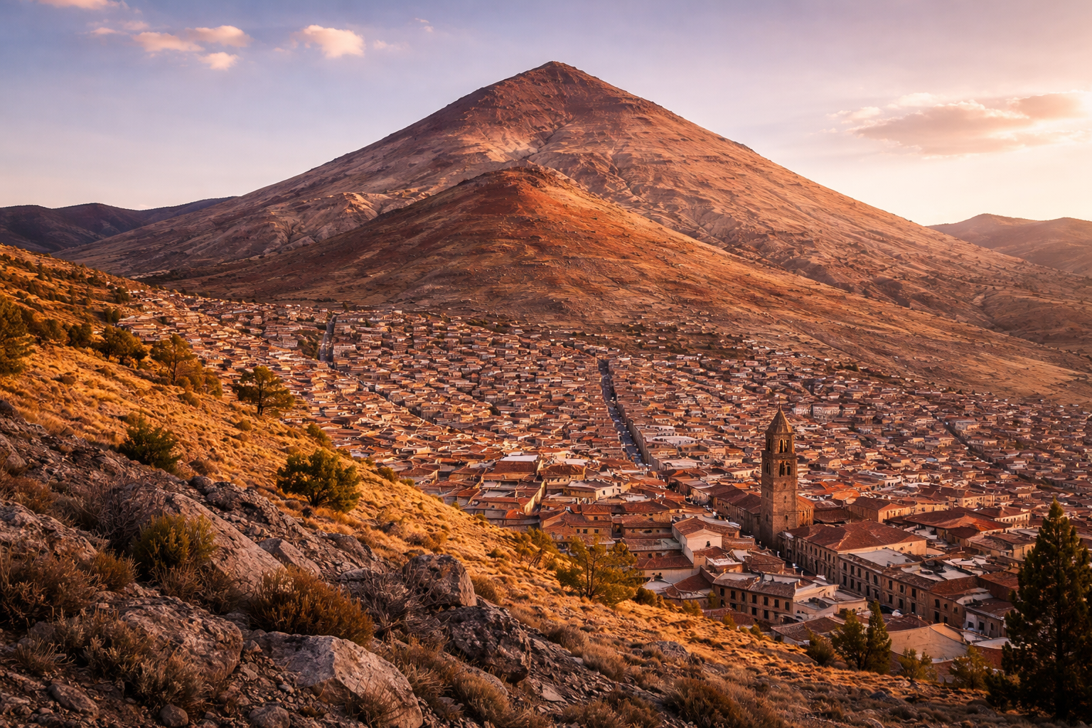 סרו ריקו בבוליביה עם קו מתאר הררי תלול, נוף יבש בגובה רב ואור אנדי רך.