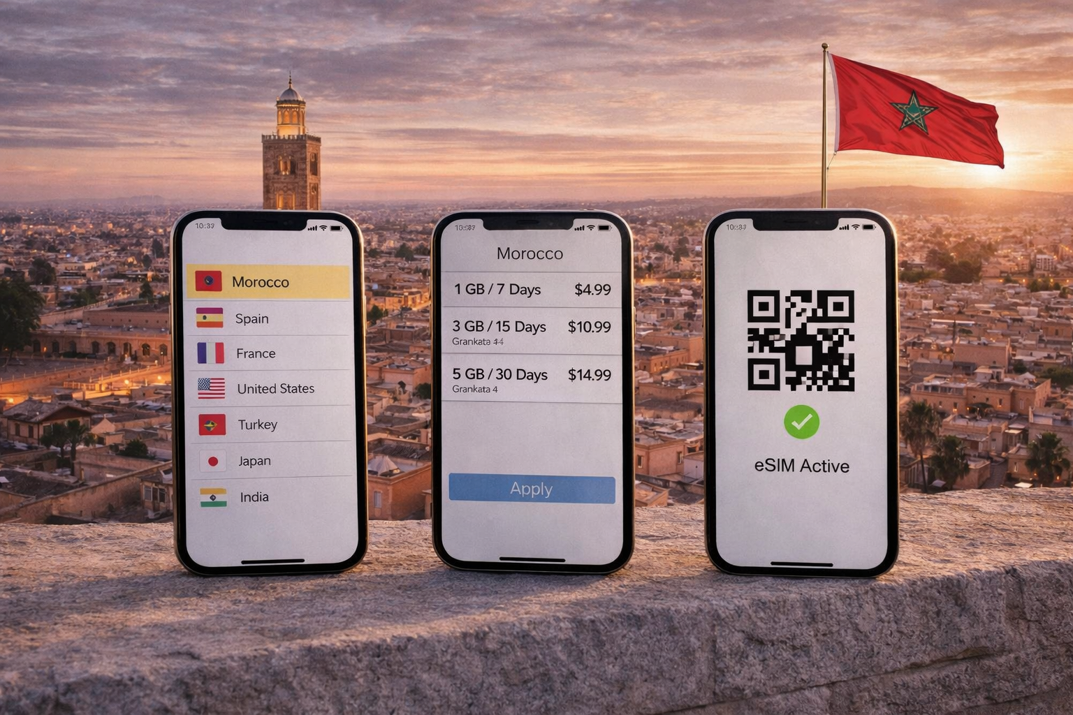Setting up an eSIM for Morocco on smartphones with a panoramic view of Marrakech and the Koutoubia minaret in the background.