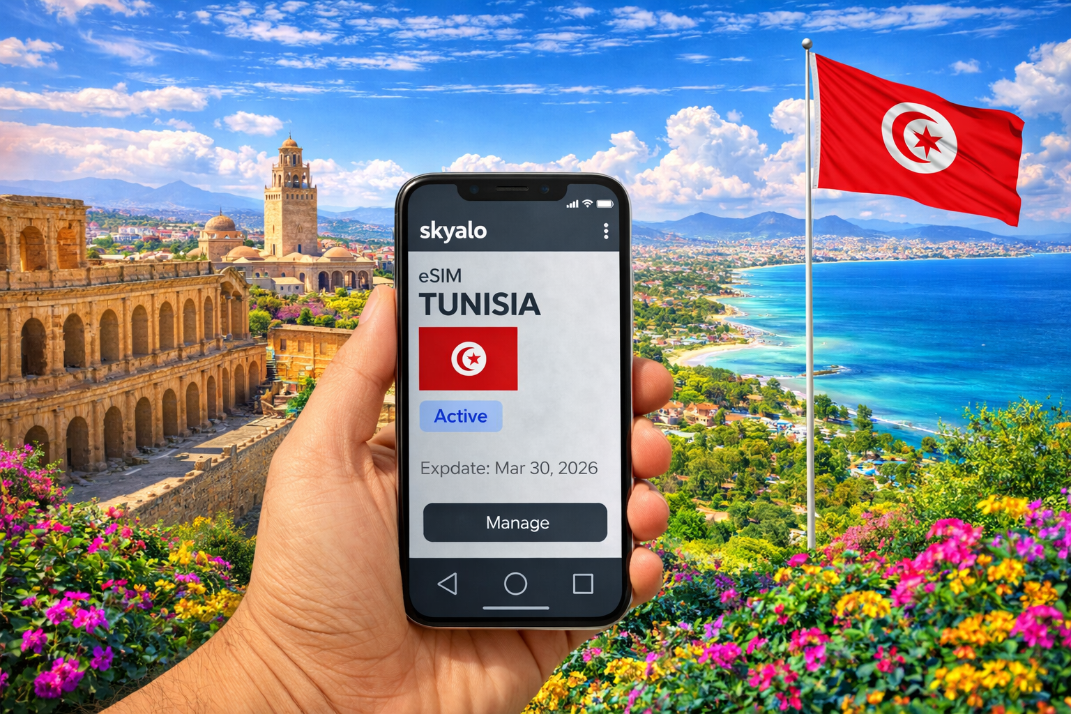 Smarttelefon med aktivert Skyalo eSIM i forgrunnen av Tunisias kyst og severdigheter