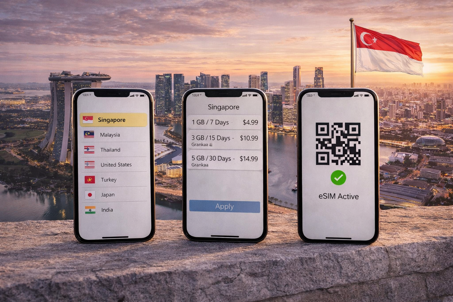 Setting up an eSIM for Singapore on smartphones with a view of the Marina Bay skyscrapers.