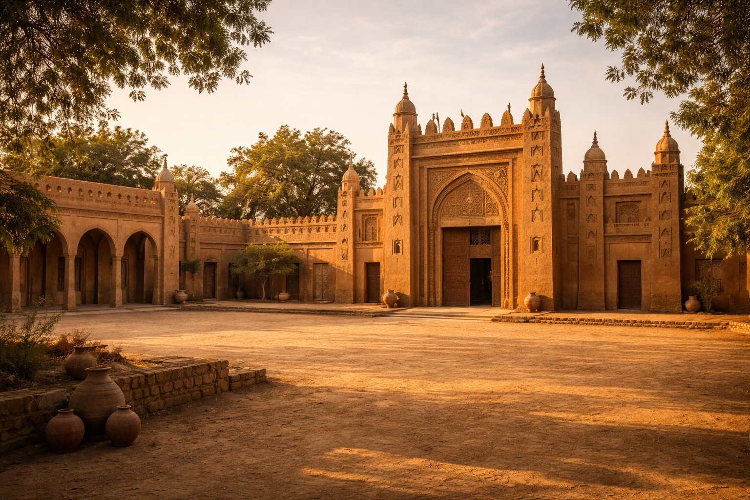 ארמון זרמקויה בדוסו עם אדריכלות סאהלית היסטורית, חצר פתוחה, אור חם ואווירה של מרכז תרבותי חשוב בניז'ר.