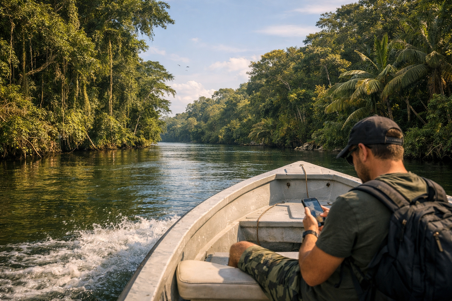 Річка Нью-Рівер серед джунглів і турист у човні з телефоном