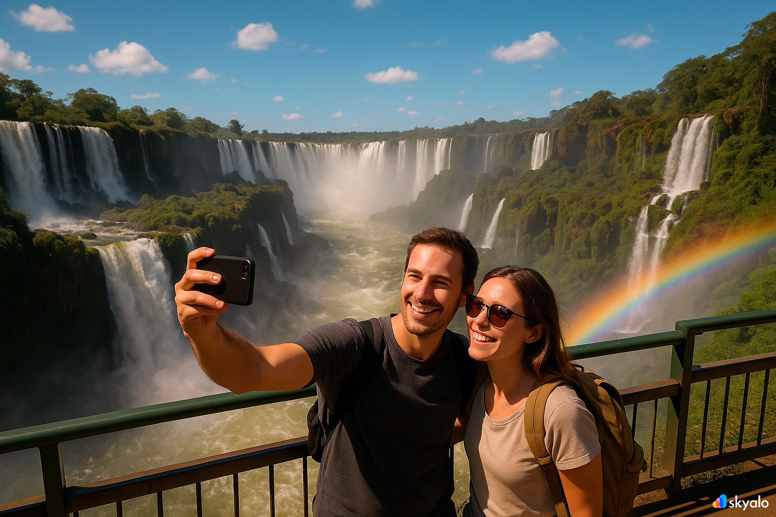 Couple taking a selfie at Iguazu Falls, rainbow in the mist behind them