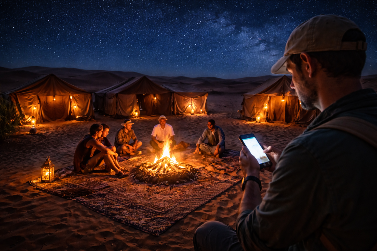 A night camp in the Sahara under the stars
