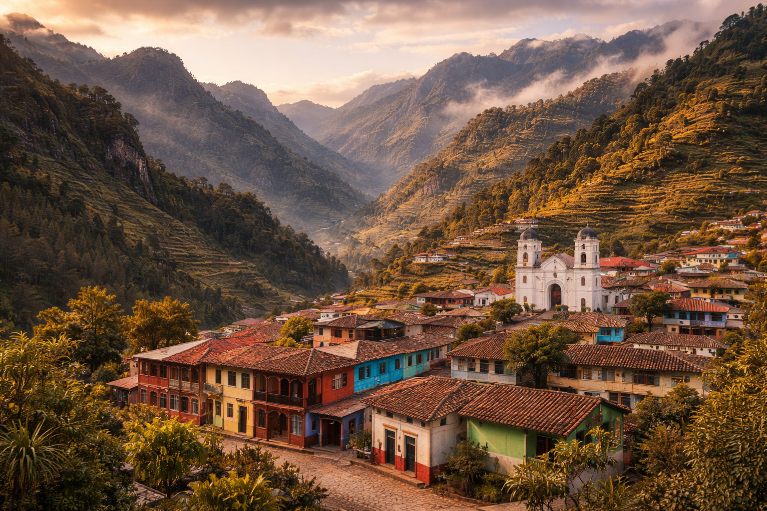 טודוס סנטוס קוצ’ומטאן בגואטמלה עם יישוב הררי, מדרונות בולטים ואווירה של אזור גבוה ואותנטי
