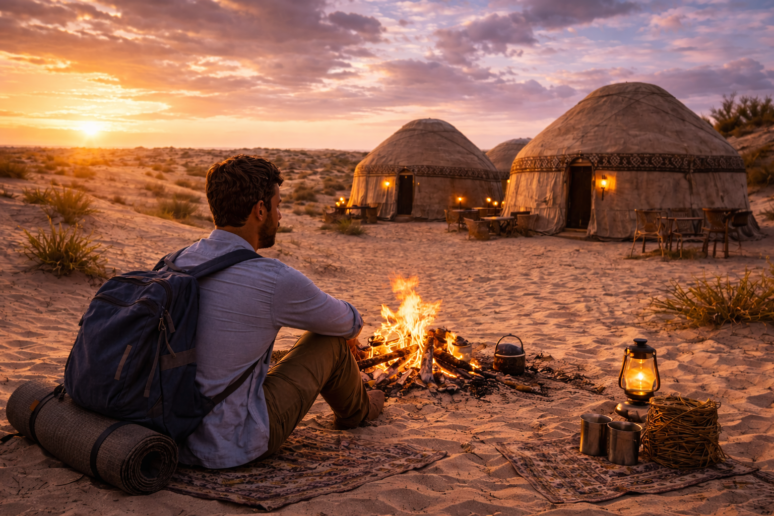 Campo di yurte nel deserto del Kyzylkum