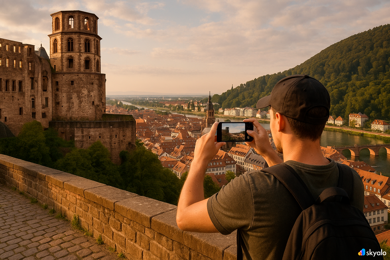 Heidelberg Castle; a tourist photographs the panorama of the Neckar from the viewing platform