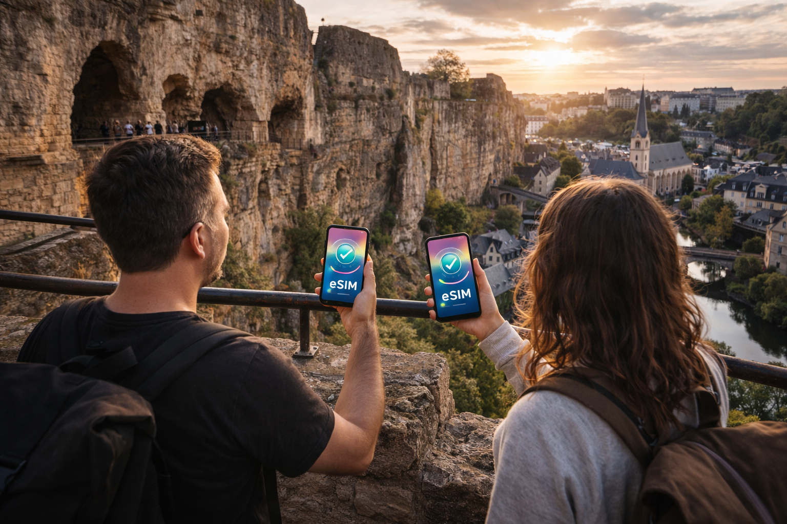 Activación de la eSIM para Luxemburgo en tres smartphones: selección del país, tarifa y activación exitosa