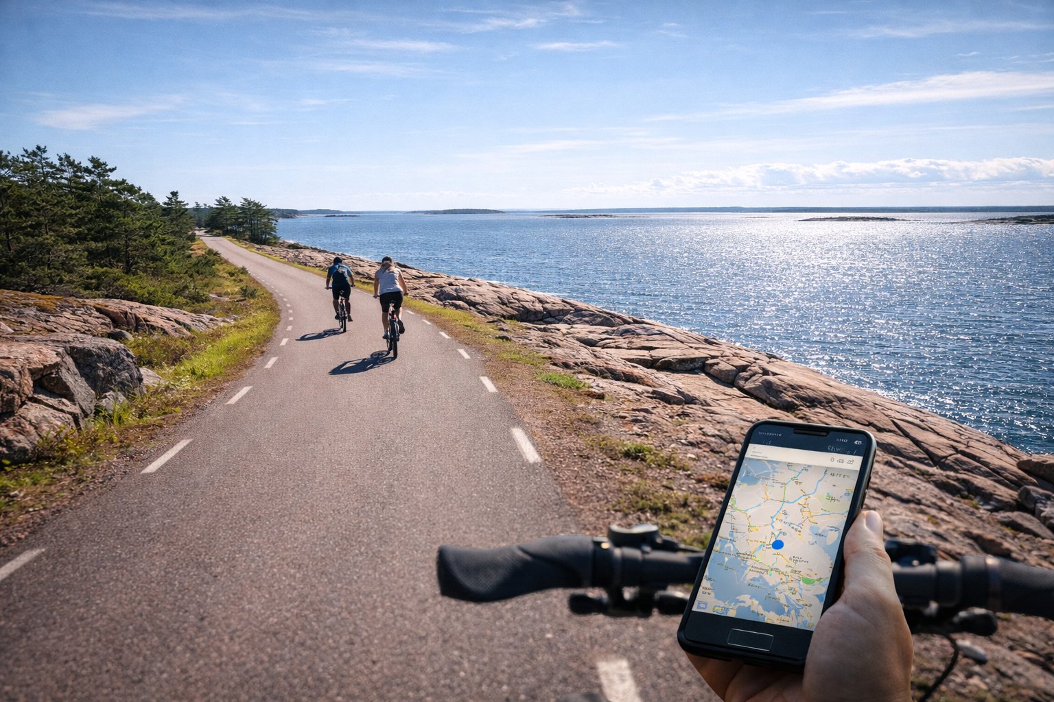 A coastal road in the Åland Islands with cyclists and navigation via eSIM
