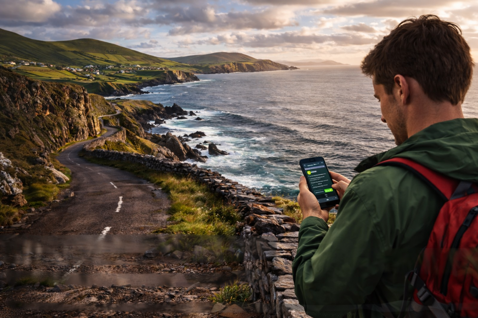 חצי האי דינגל באירלנד עם חוף ירוק, נופי אוקיינוס, גבעות ואווירה של מסלול מערבי מרוחק.