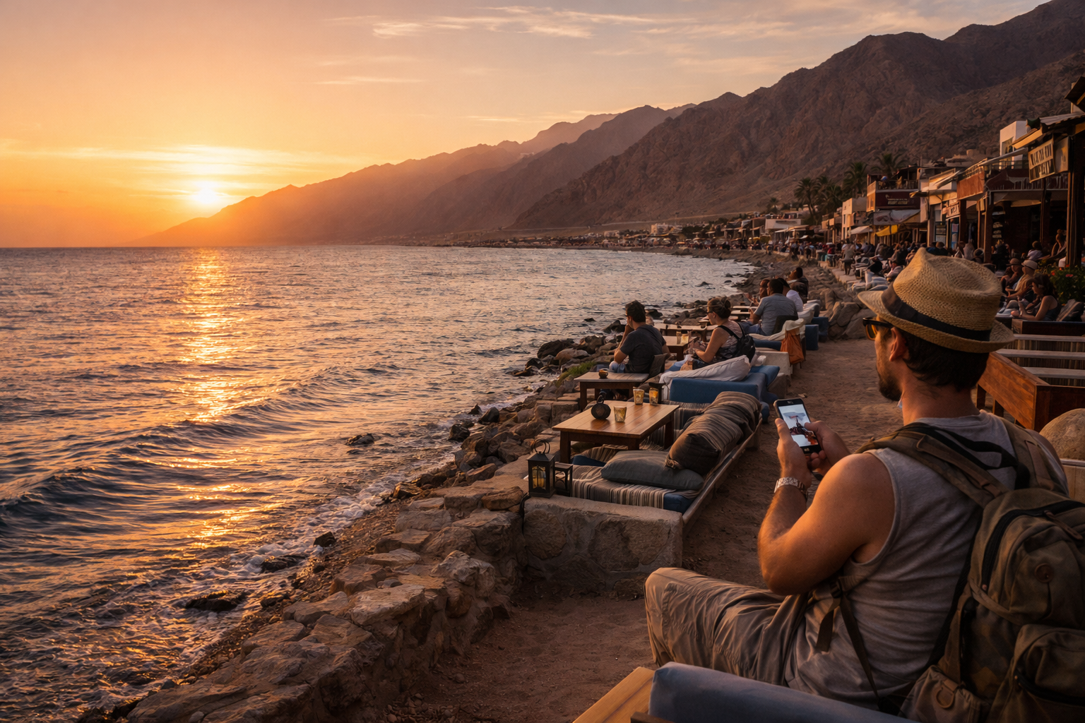 The Dahab coastline and the Sinai mountains against the Red Sea — travelers relax and use eSIM internet