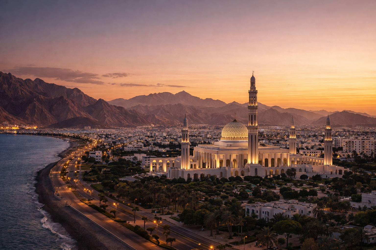 Πανοραμική άποψη της Μουσκάτ και του Μεγάλου Τζαμιού του Σουλτάνου Καμπούς