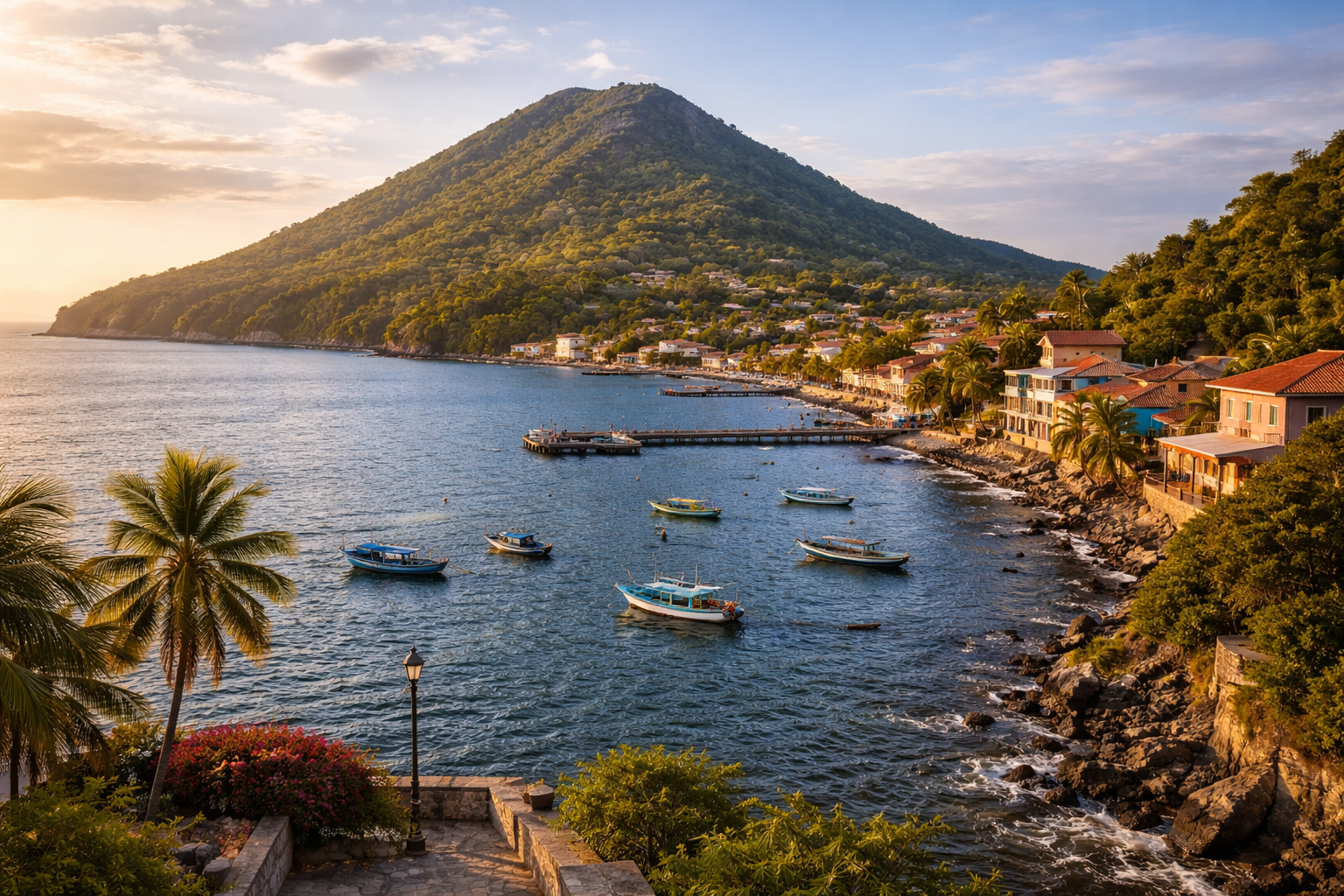 האי הוולקני טיגרה והעיר החופית אמפאלה בהונדורס על חוף האוקיינוס השקט