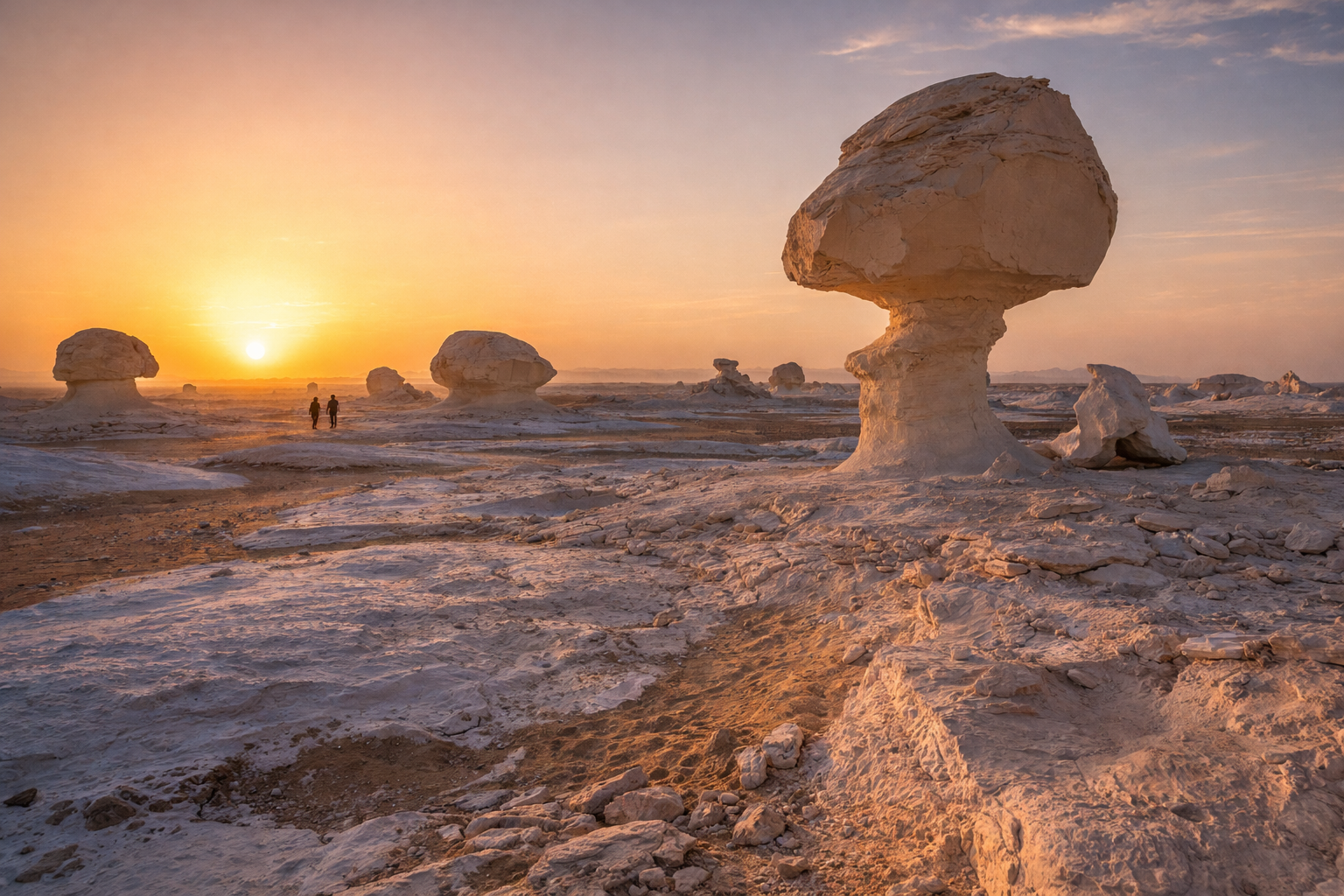 Egypt’s White Desert with unusual rock formations and tourists against a desert landscape — traveling with eSIM