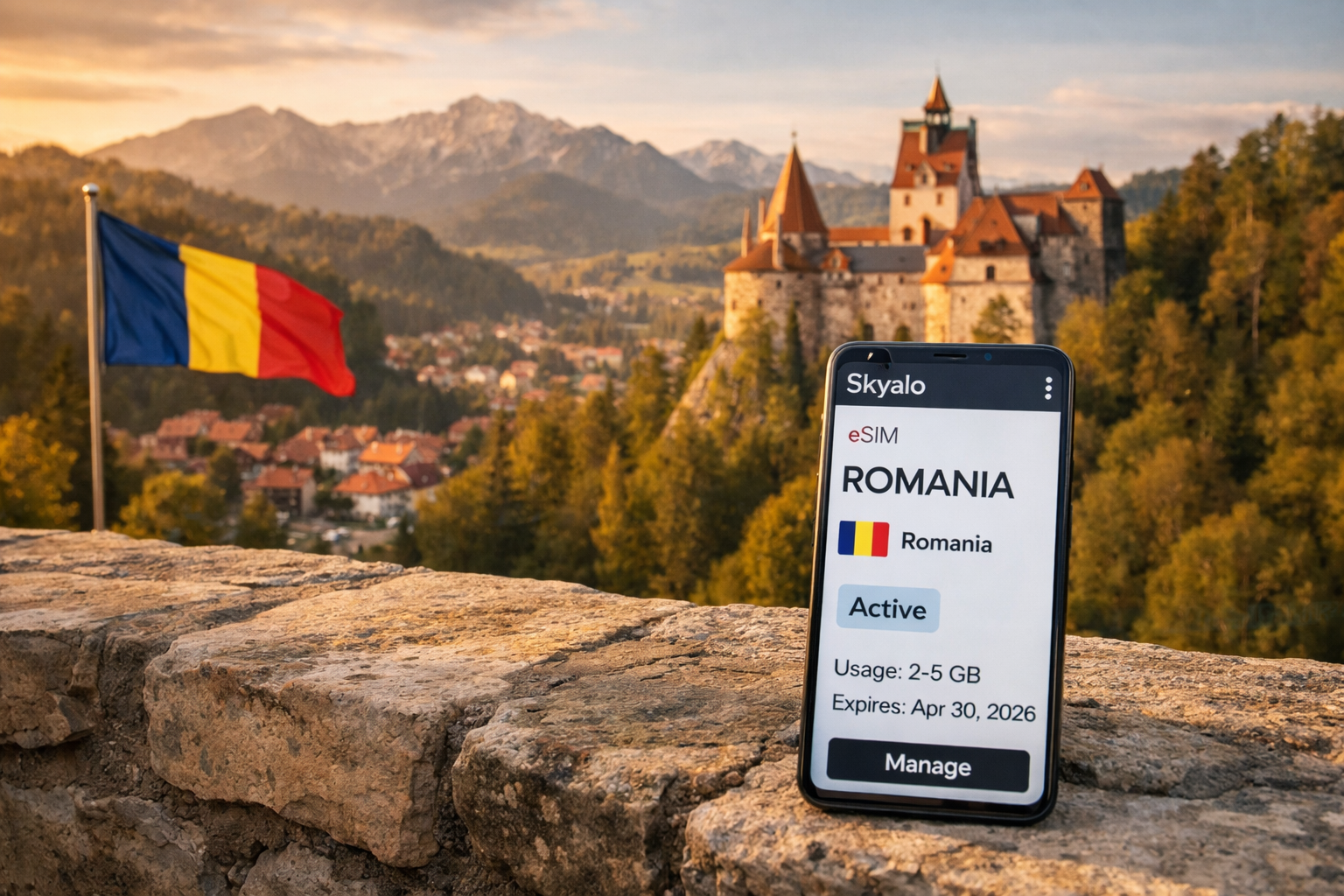 Setting up an eSIM for internet in Romania on a smartphone with a country map and active mobile data.
