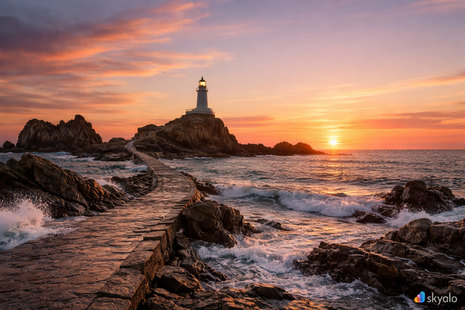 המגדלור לה קורבייר בג'רזי על רקע שמיים של שקיעה, חוף סלעי וים פתוח.