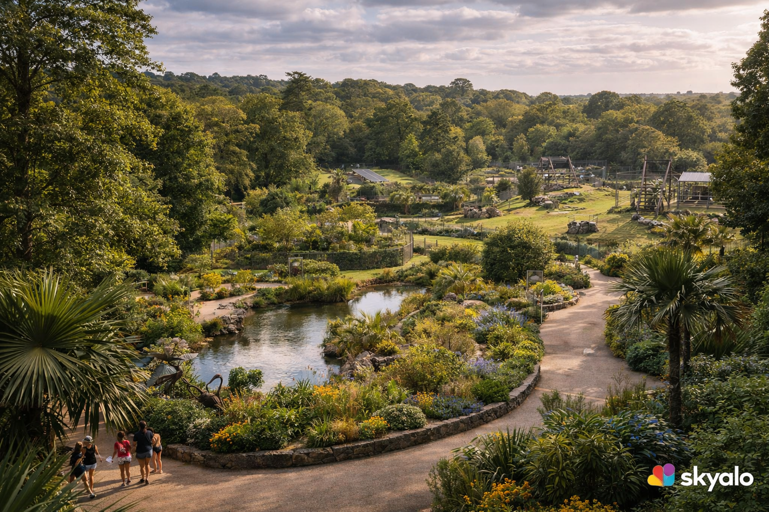 שטח ירוק של גן החיות בג'רזי עם שבילים מטופחים, צמחים טרופיים ואווירה רגועה לטיול.