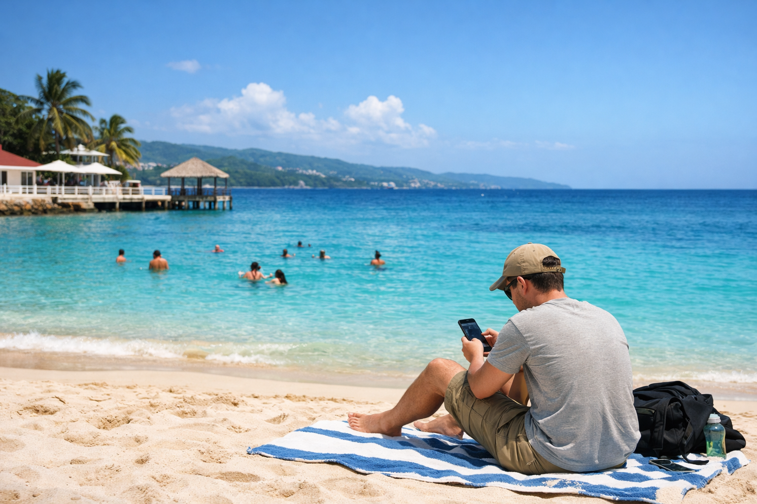 Doctor’s Cave Beach in Montego Bay, beachgoers mid-frame, one scrolling on a phone