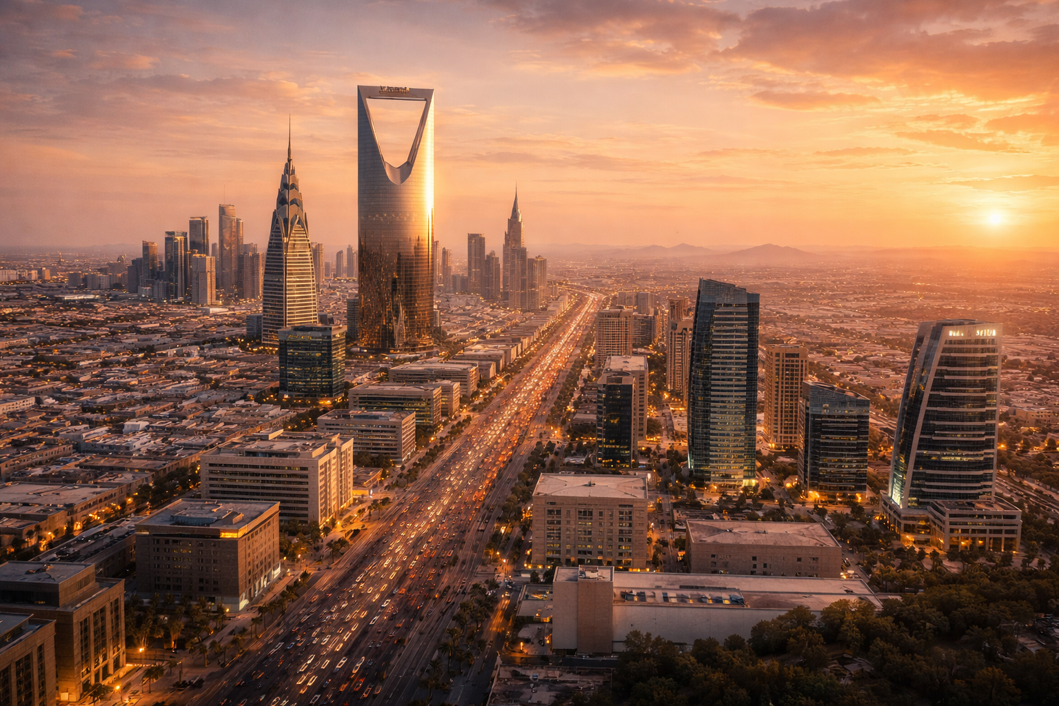 Panoráma Rijádu s mrakodrapmi pri západe slnka