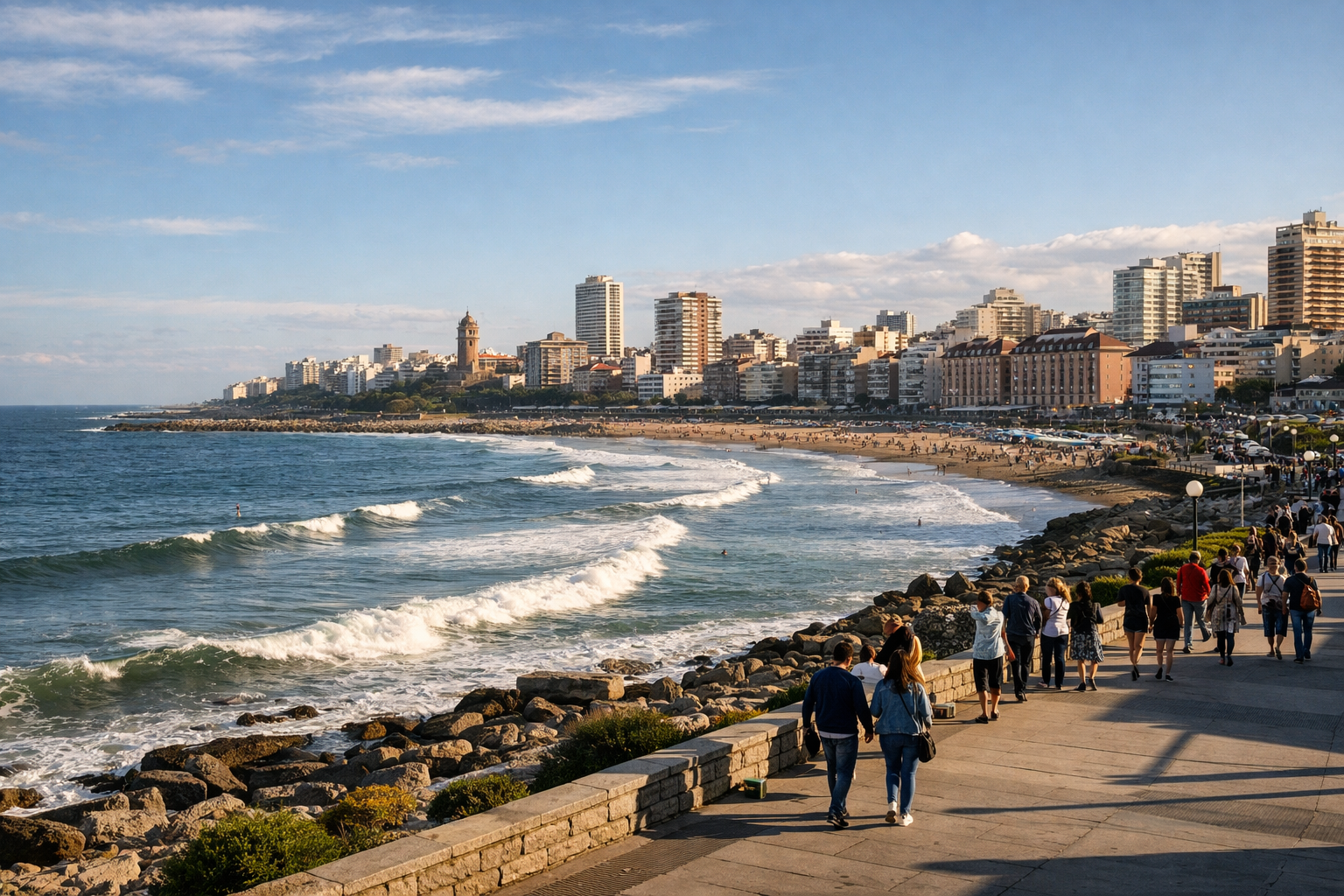 Mar del Plata and the ocean coast with a traveler checking the weather online