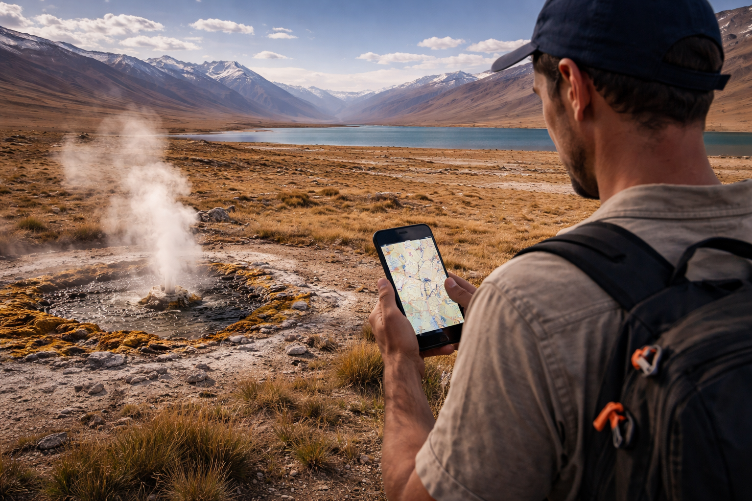 בולונקול והגייזר בטג'יקיסטן עם נוף קשה בגובה רב, אגם ומטייל המשתמש ב-eSIM בטלפון במהלך המסלול.