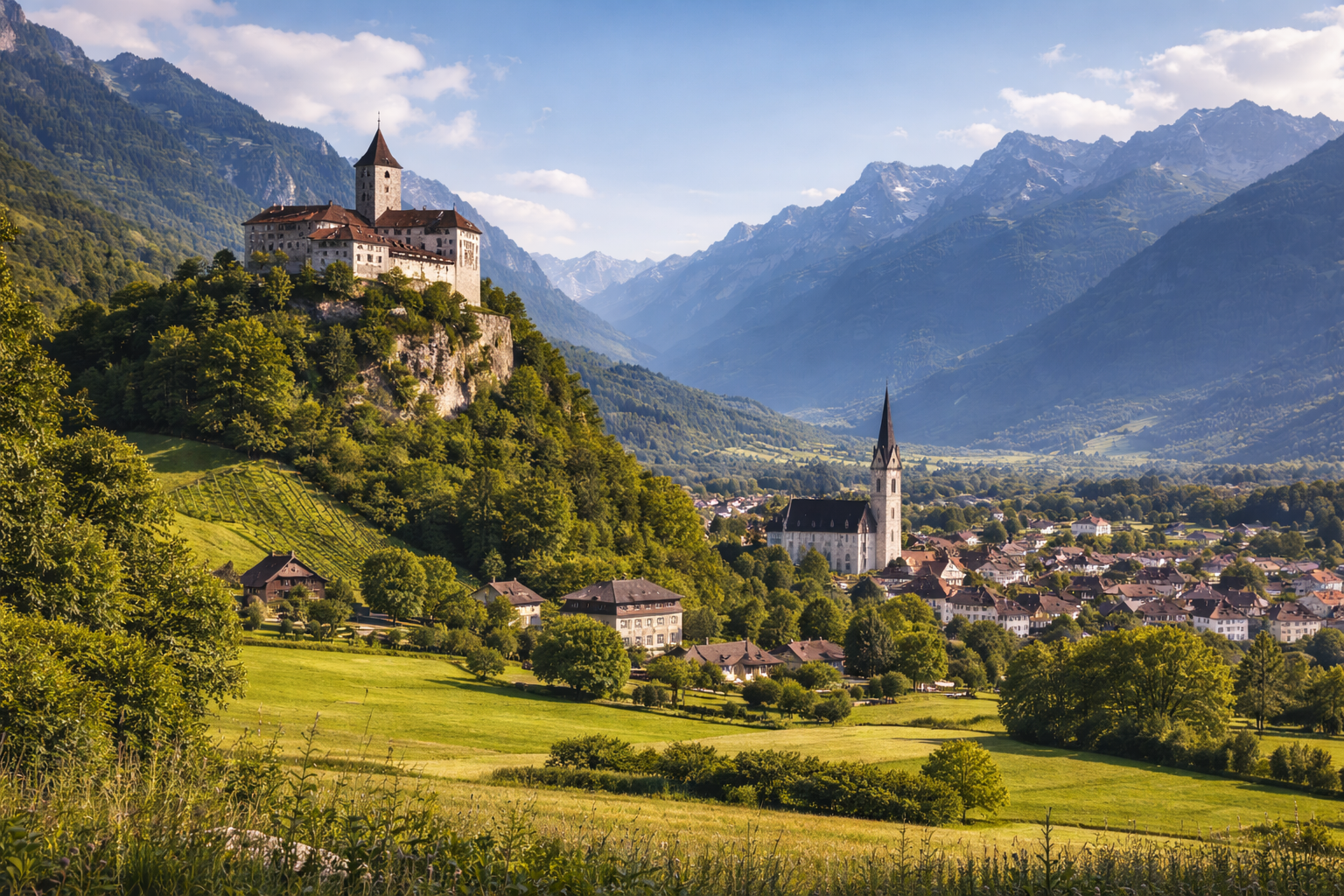 Balzers with Gutenberg Castle on a hill, green meadows, and an Alpine landscape