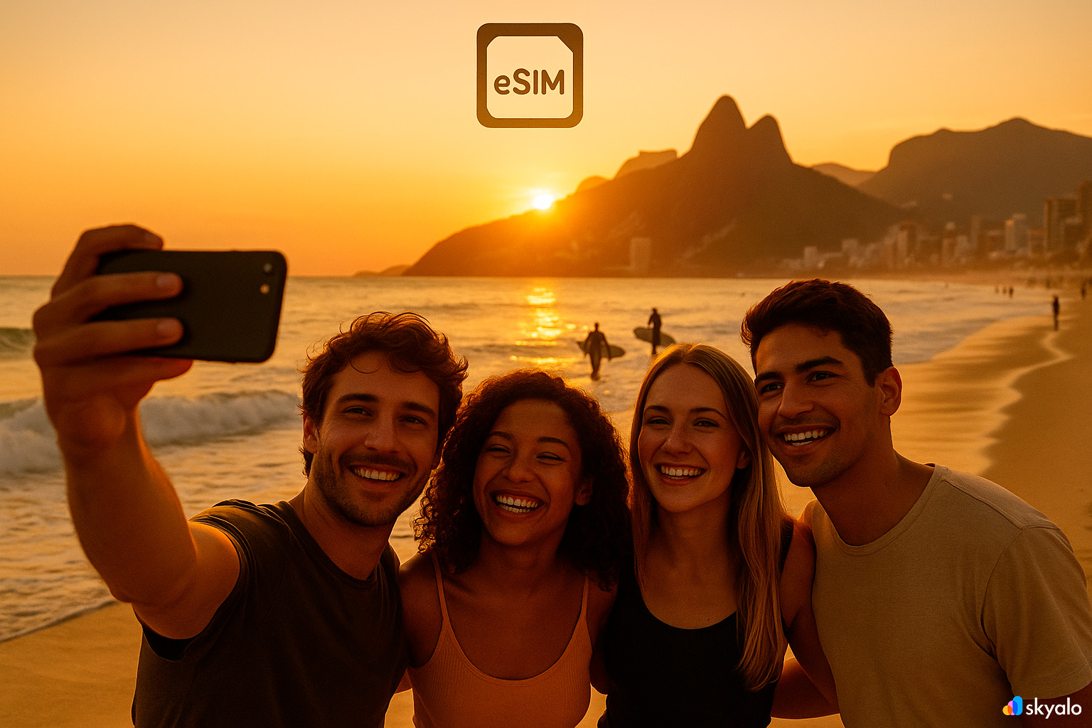 Friends taking a group photo on Ipanema Beach, staying connected via Skyalo eSIM