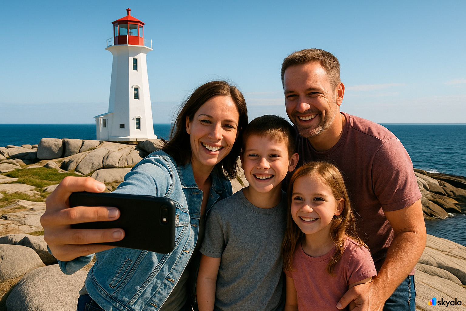 Family taking a photo at Peggy’s Cove; white lighthouse, granite rocks, and blue skies over the Atlantic