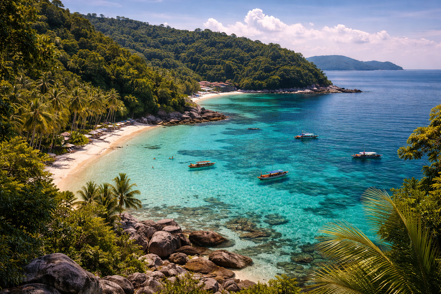 Перхентианские острова с прозрачной водой, небольшими бухтами, тропической природой и спокойной атмосферой островного отдыха