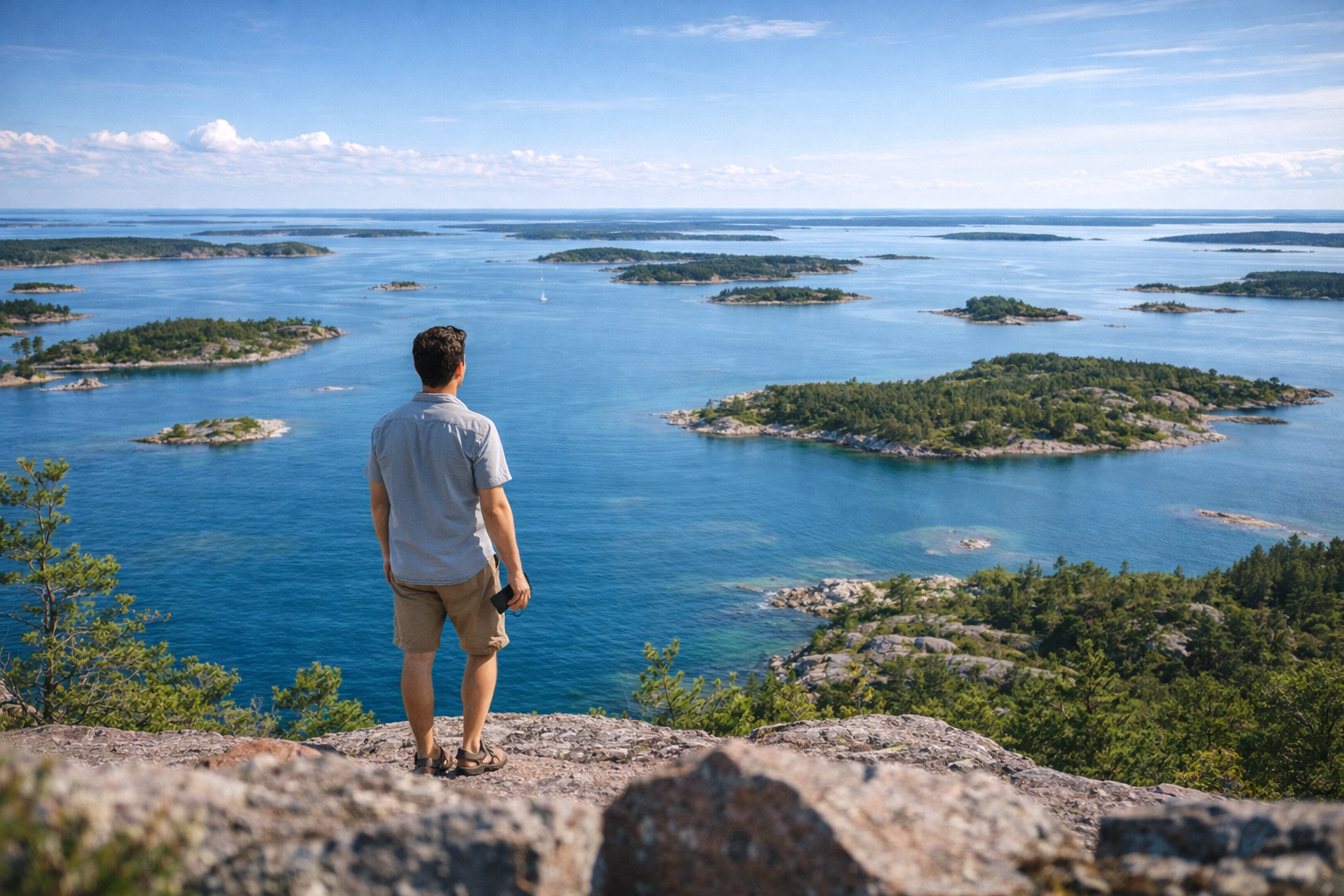 Panorama of the Åland Islands archipelago from the Getabergen viewpoint and a tourist with an eSIM-enabled smartphone