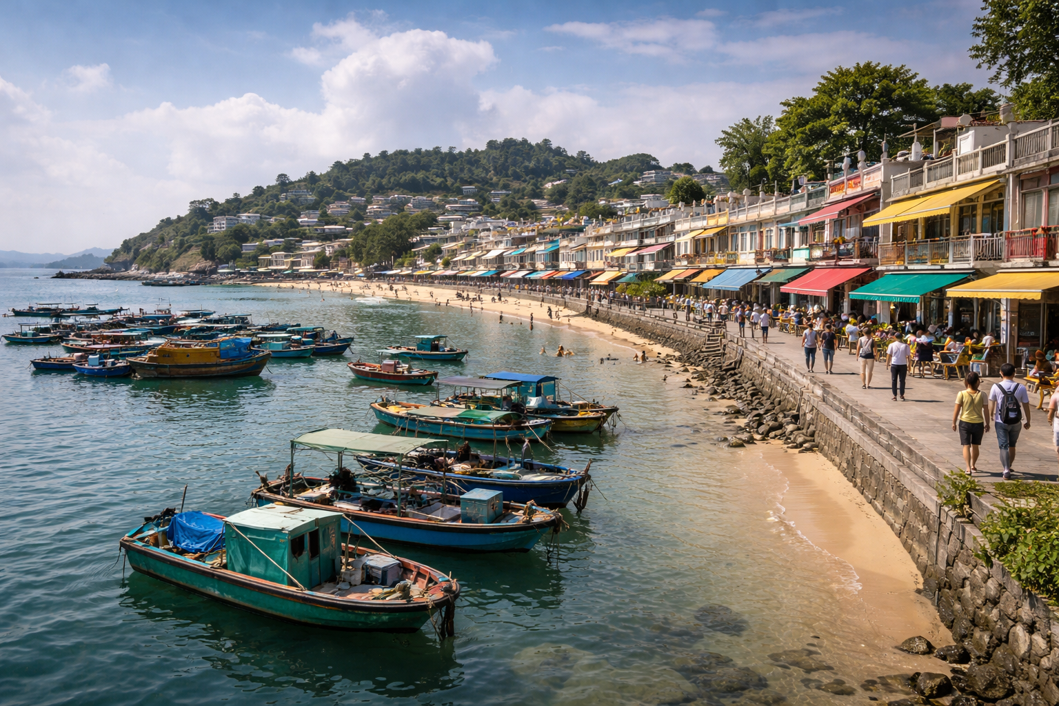 Cheung Chau Island with boats and a coastal village.