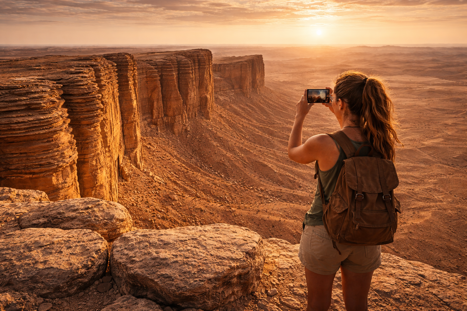 Turista na okraji útesu s výhľadom na púšť
