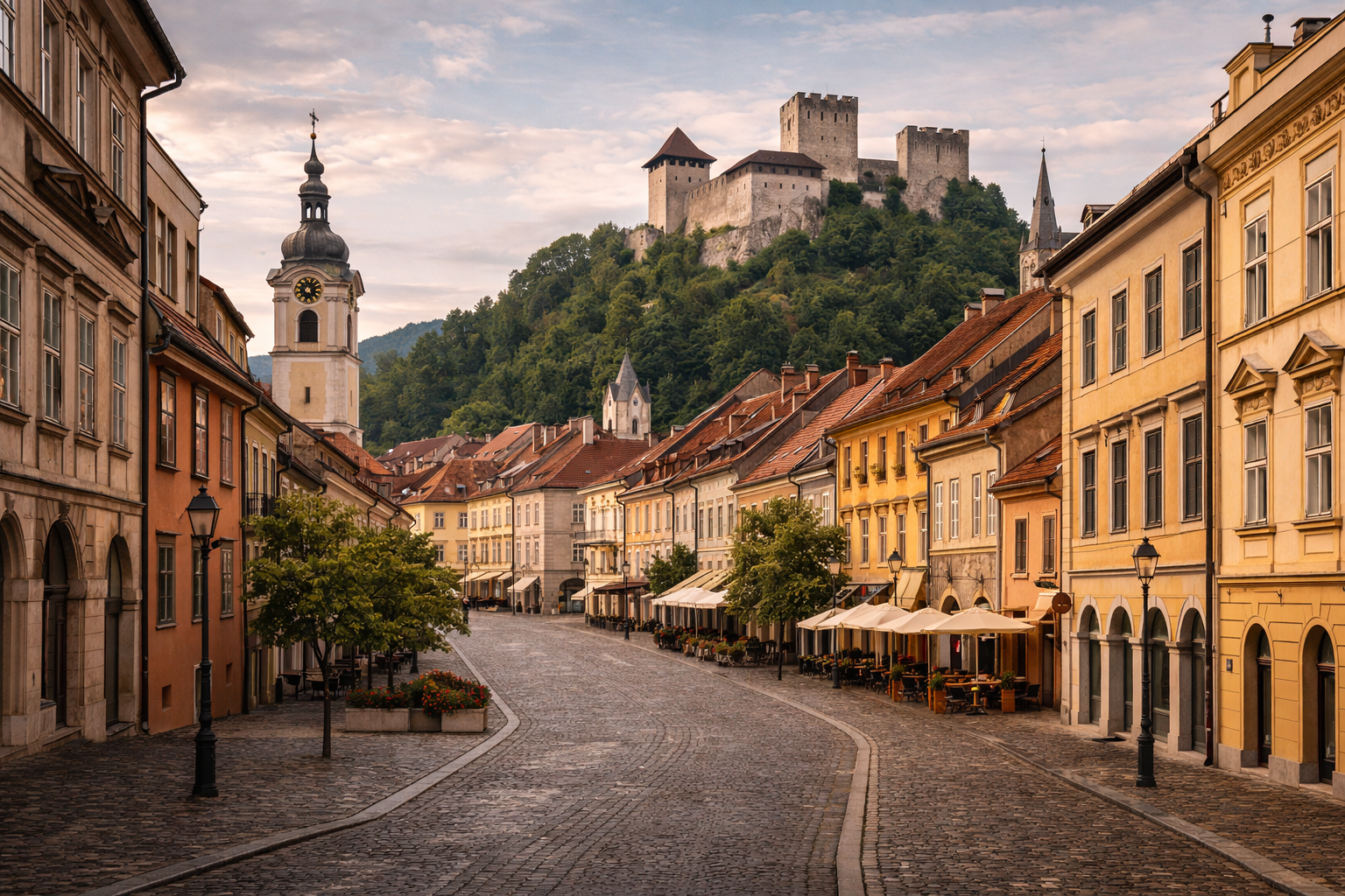 צליה בסלובניה עם טירה על הגבעה ומרכז היסטורי