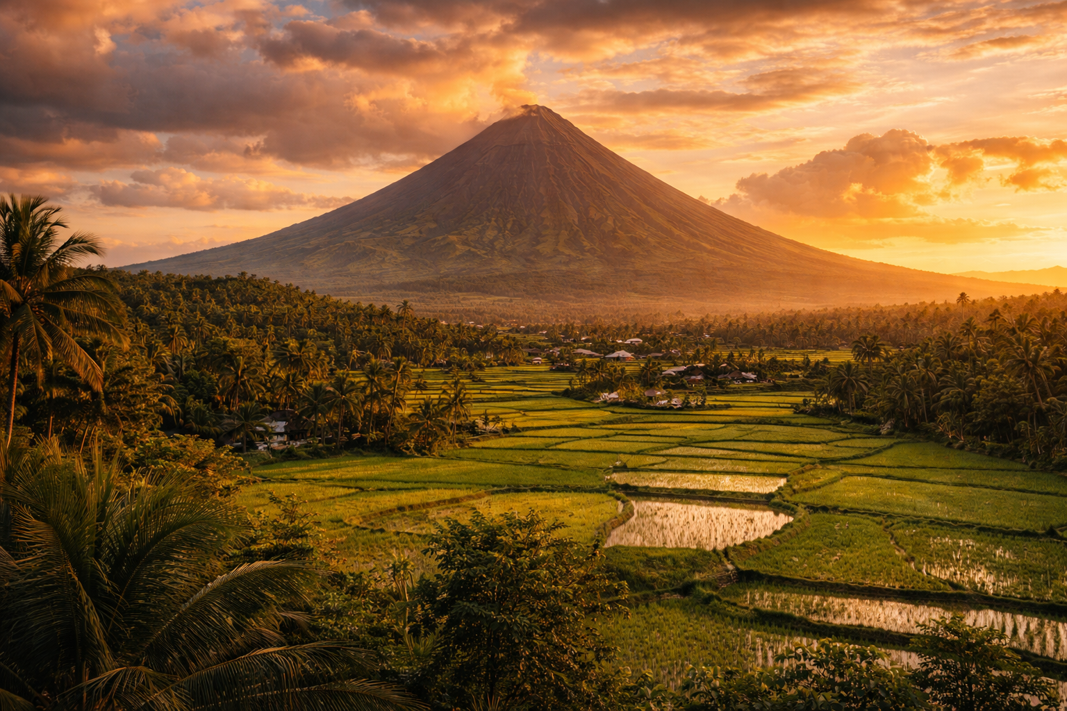 The cone-shaped Mayon Volcano amid green fields on Luzon Island.