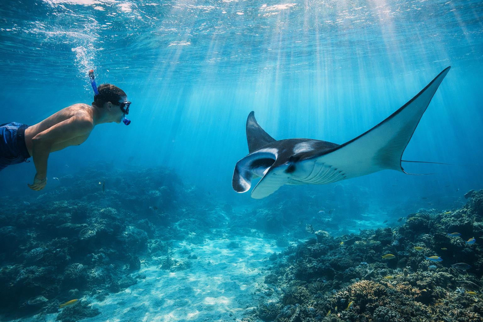 Swimming with a manta ray in clear water, with a tourist and a smartphone with eSIM on a boat