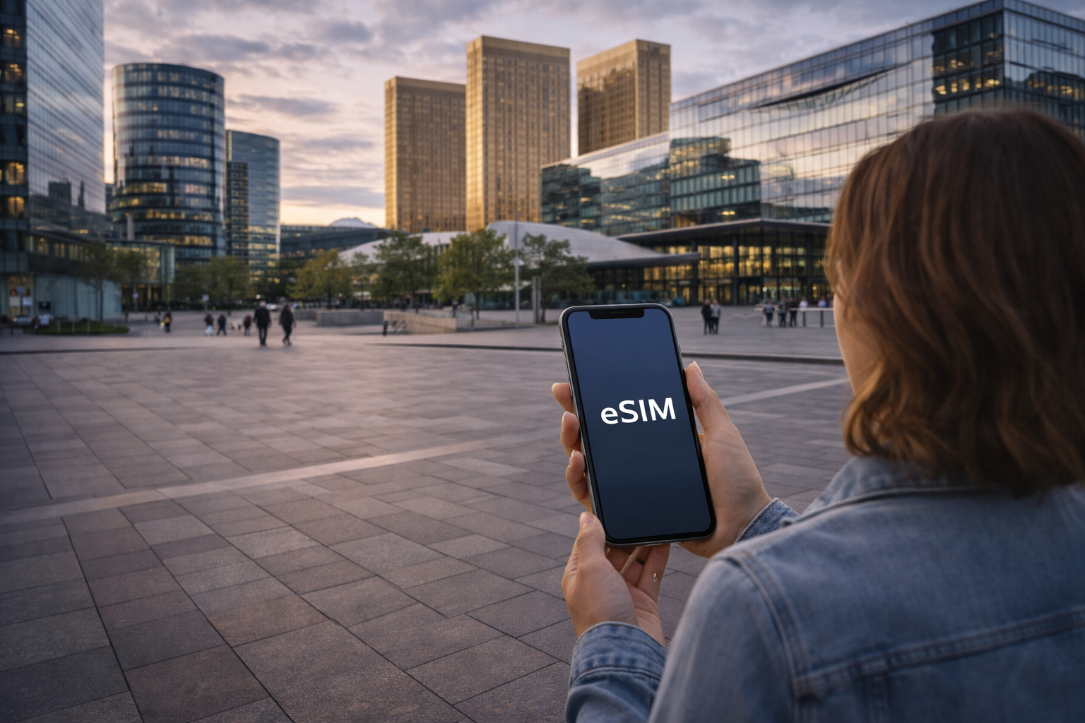 Viajero junto al castillo de Clervaux usa un smartphone con internet eSIM