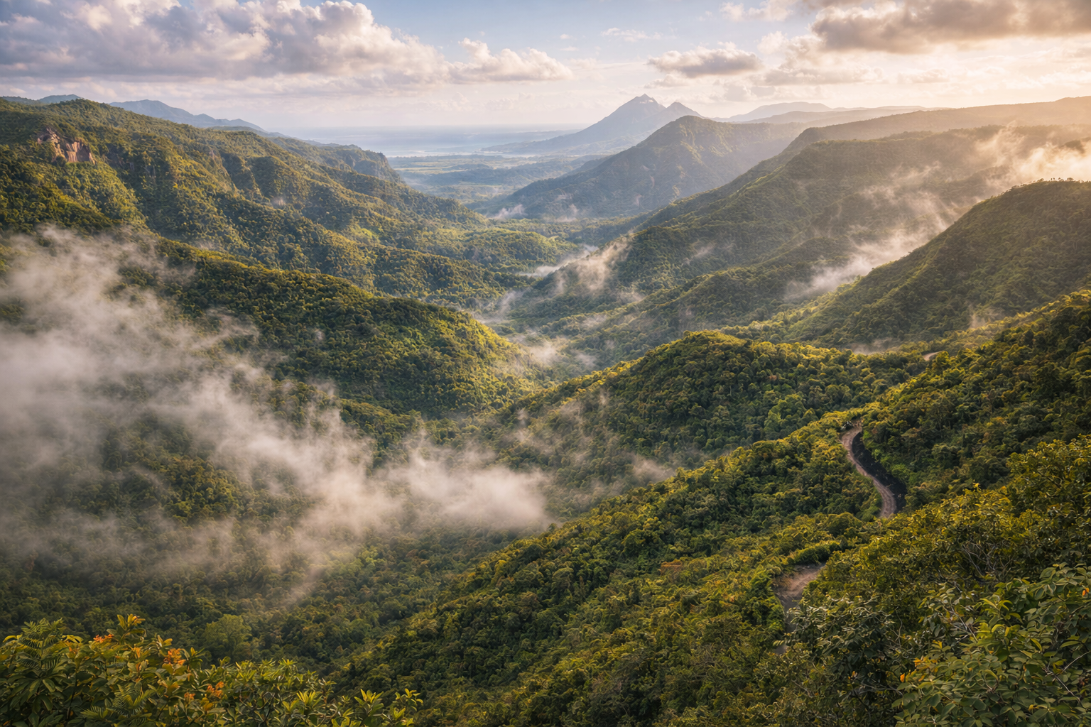 Black River Gorges National Park in Mauritius with green mountains, dense forests, valleys, and impressive panoramic views