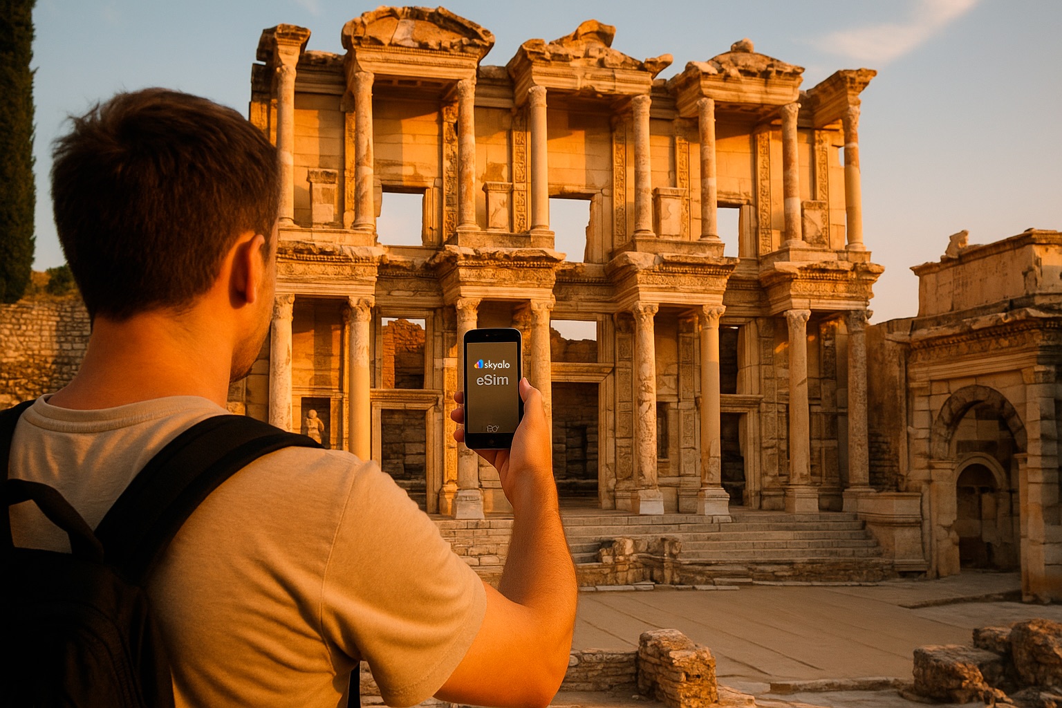 The majestic façade of the Library of Celsus — always connected with Skyalo eSIM