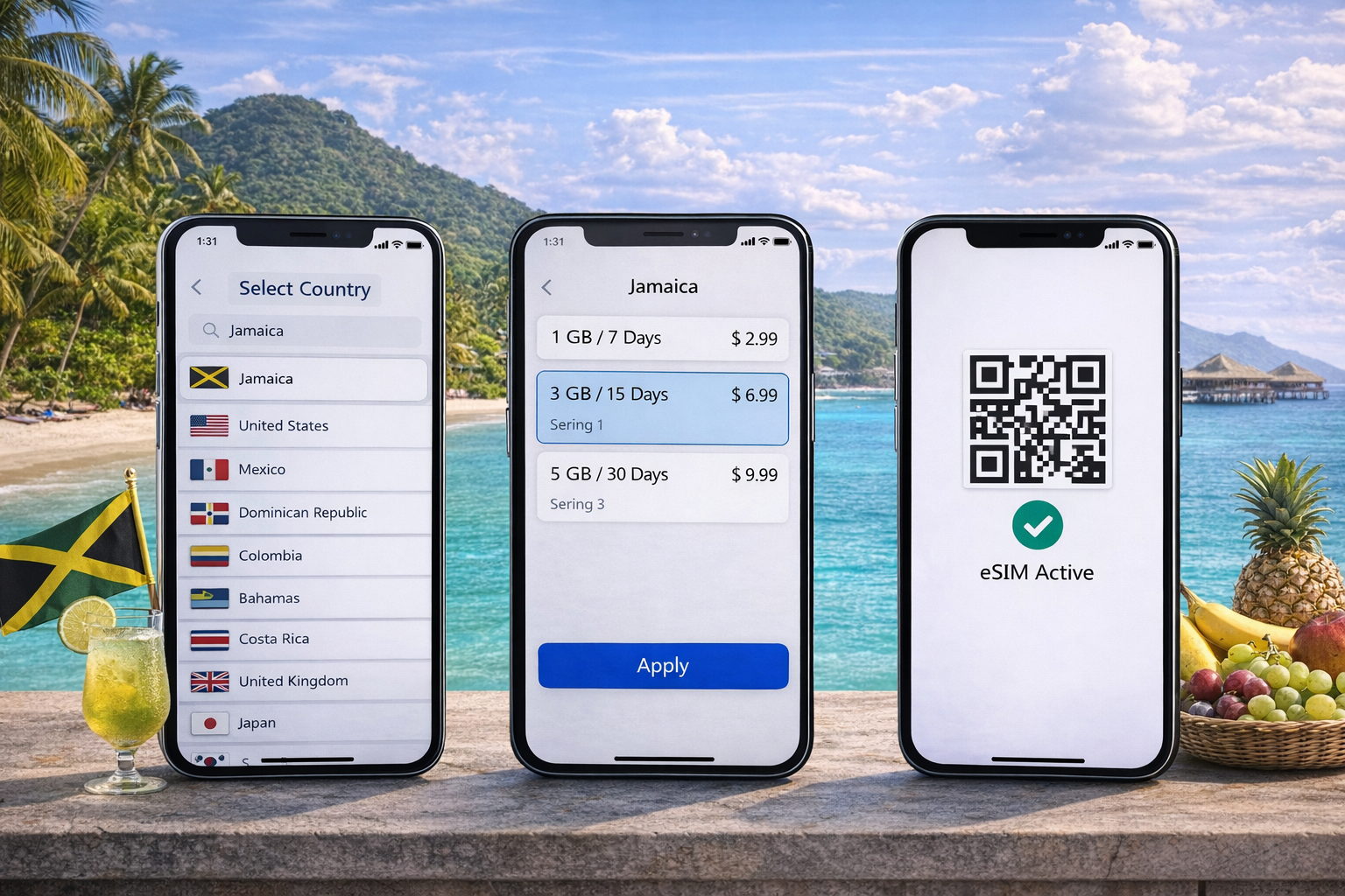 Three smartphones against a Jamaica beach with a turquoise ocean and palm trees—on-screen is the eSIM setup flow: select Jamaica, choose a 3 GB plan, and an activation screen reading “eSIM active”.
