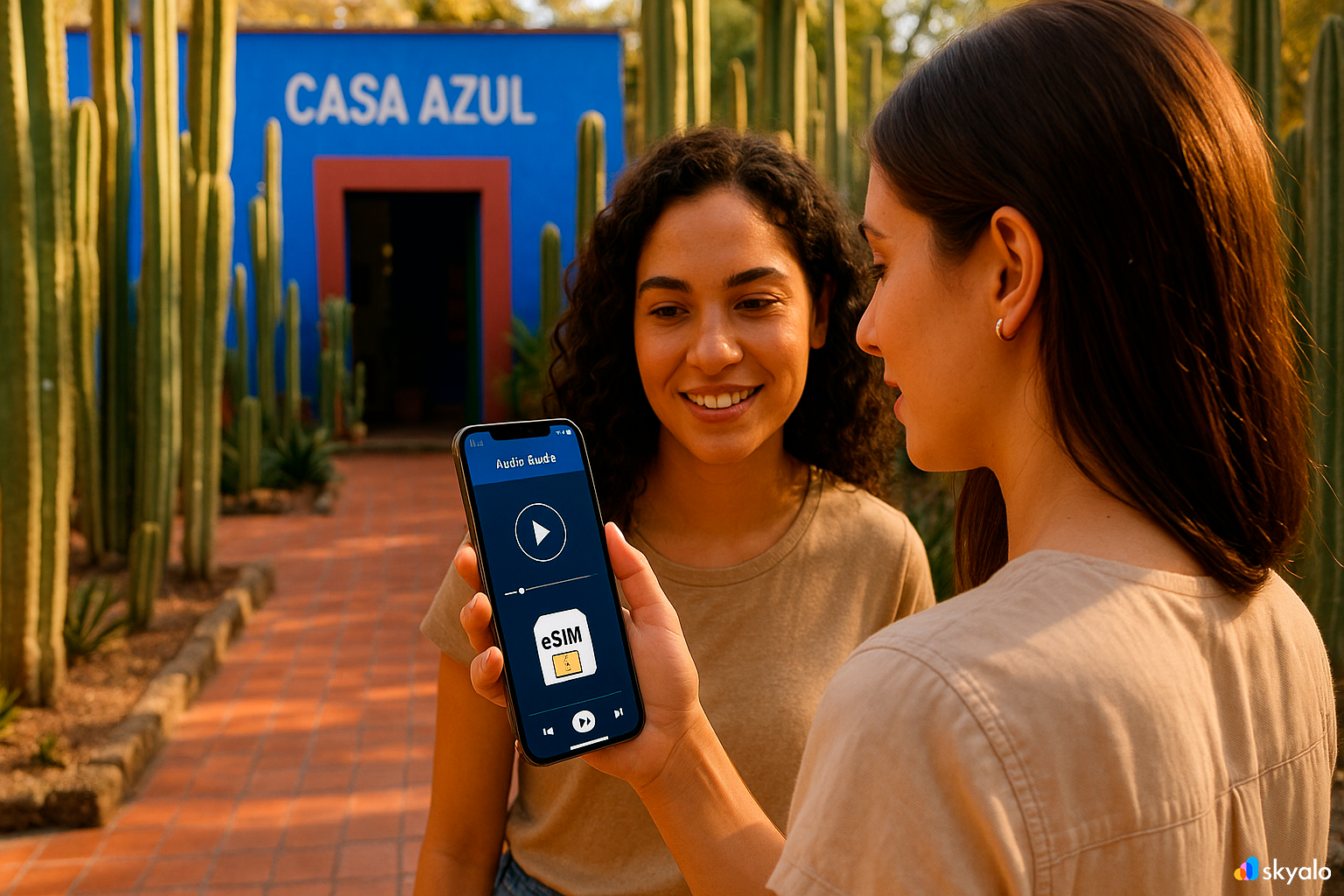Casa Azul courtyard at Frida Kahlo’s museum; friends listening to an audio guide on a smartphone, cacti along the wall