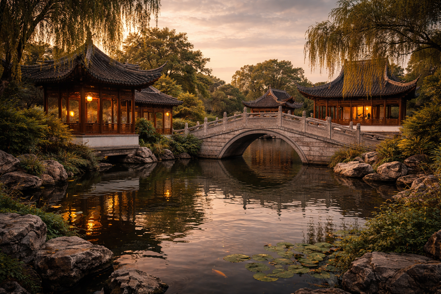 A classic Suzhou garden with bridges and pavilions