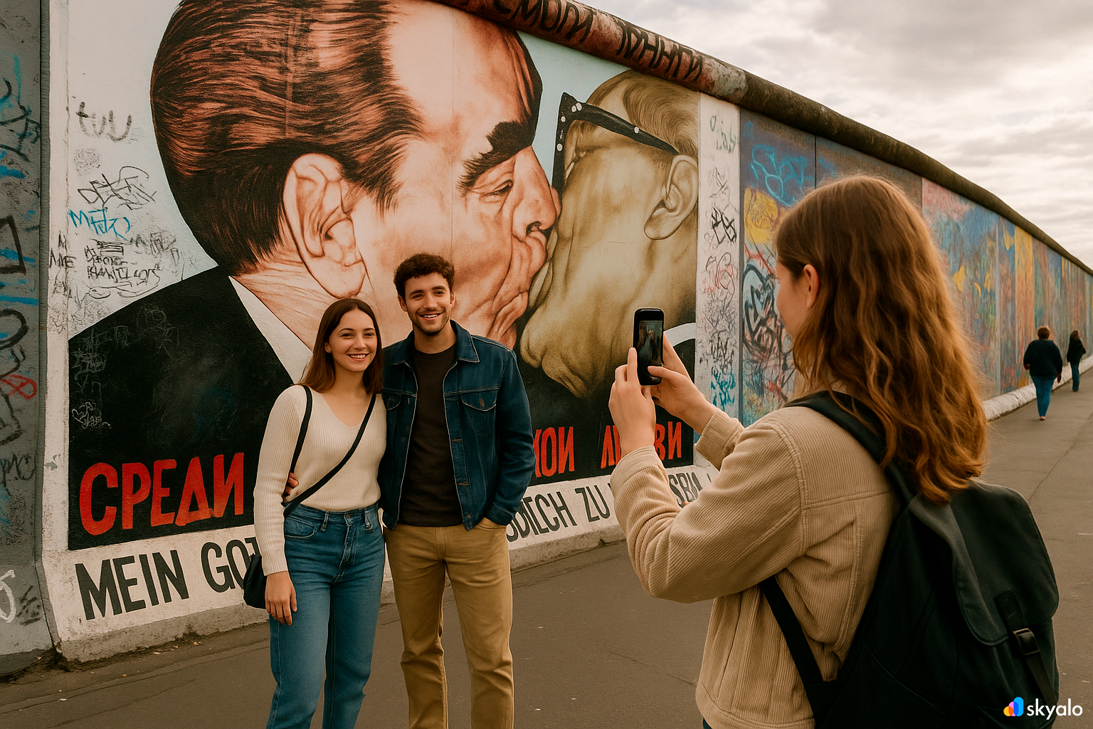 East Side Gallery; a girl photographs friends in front of graffiti on the Berlin Wall