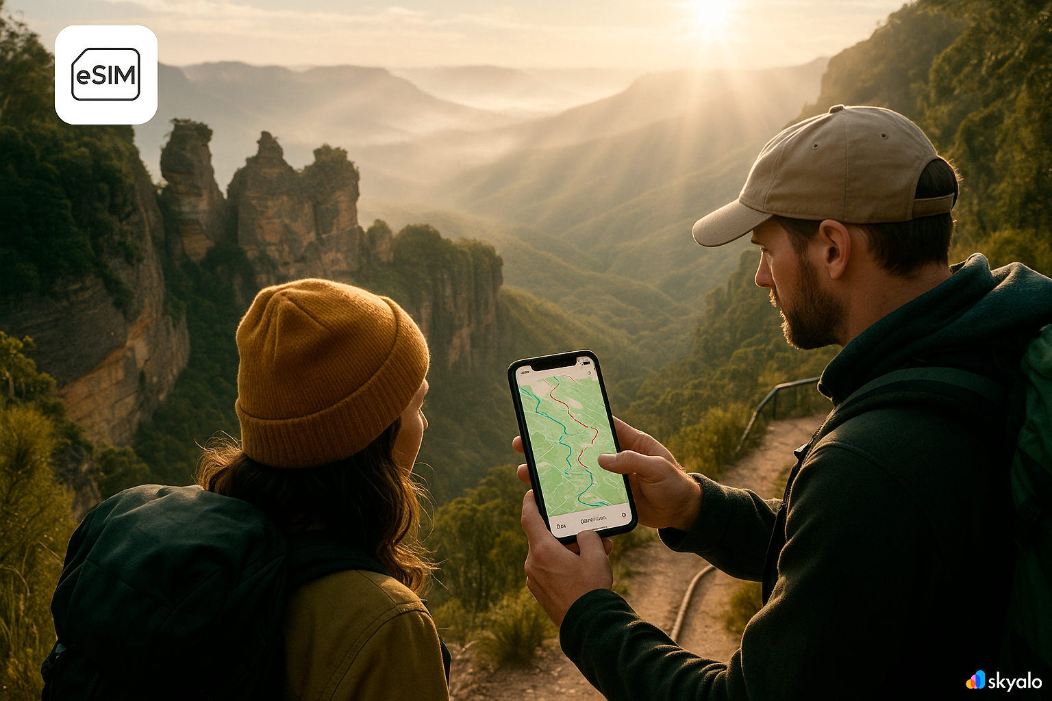 Hiking near the Three Sisters; route selection on smartphone with Skyalo eSIM, morning mist and sunrays