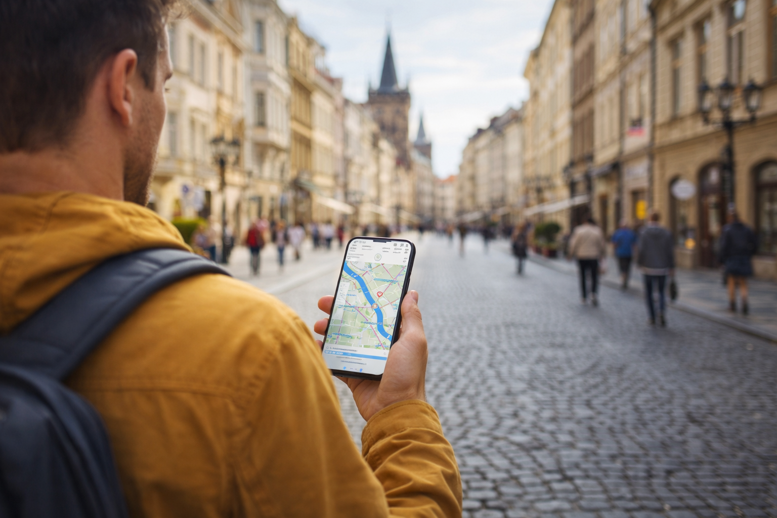 Traveler navigating a European city using smartphone mobile internet