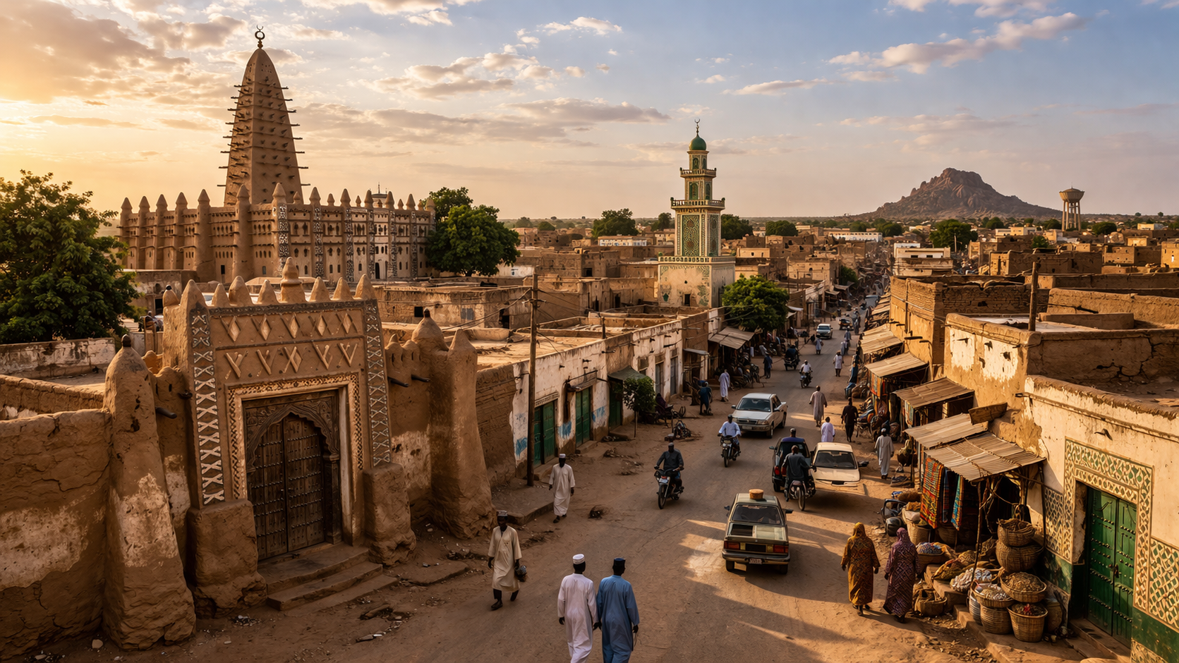 זינדר בניז'ר עם סביבה עירונית היסטורית, חזיתות חמות ואווירה של מרכז האוסה עתיק.