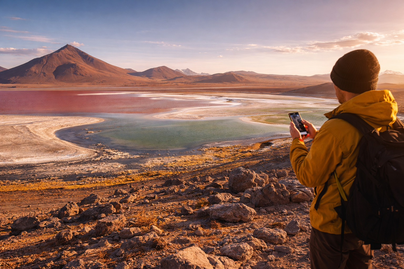 לוס-ליפס בבוליביה עם לגונות צבעוניות, נוף וולקני ונוסע המשתמש ב-eSIM בסמארטפון במהלך עצירה.